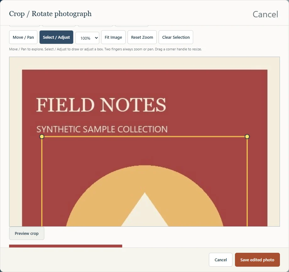 The existing saved photograph crop and rotate editor